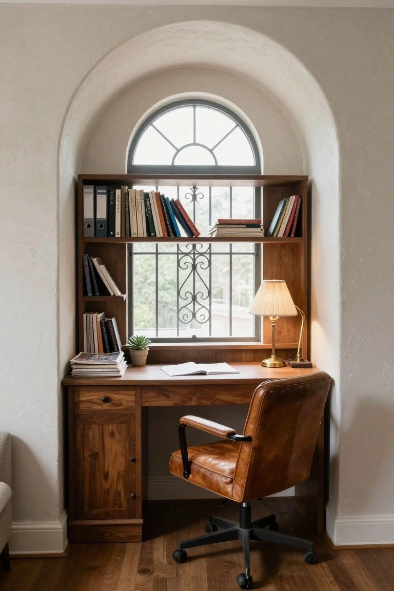 Wooden desk with integrated bookshelves built around a tall arched window featuring a dark metal grille, leather swivel chair, desk lamp, stack of books, magazines, and potted succulent in a white-walled room on hardwood floors.