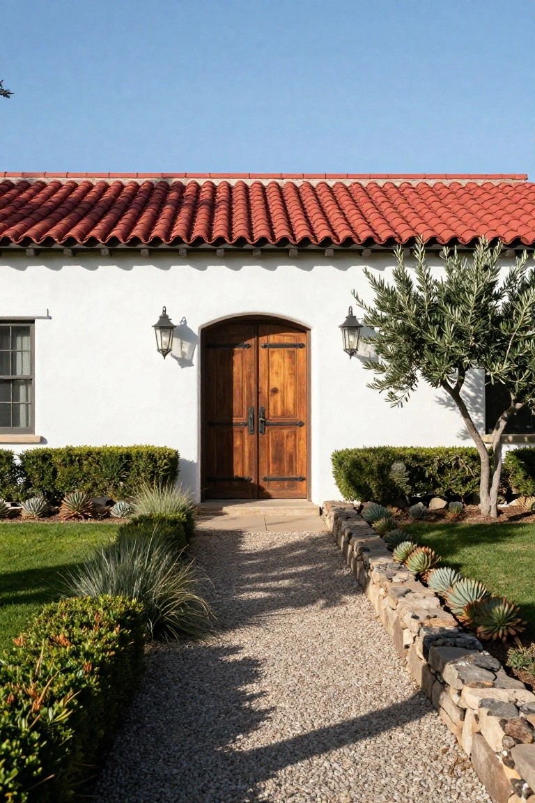 White stucco Spanish Revival house facade with red tile roof, arched wooden double entry doors flanked by black lanterns, an olive tree to the right, boxwood shrubs, agave plants, and a gravel pathway edged by stone walls and grass.