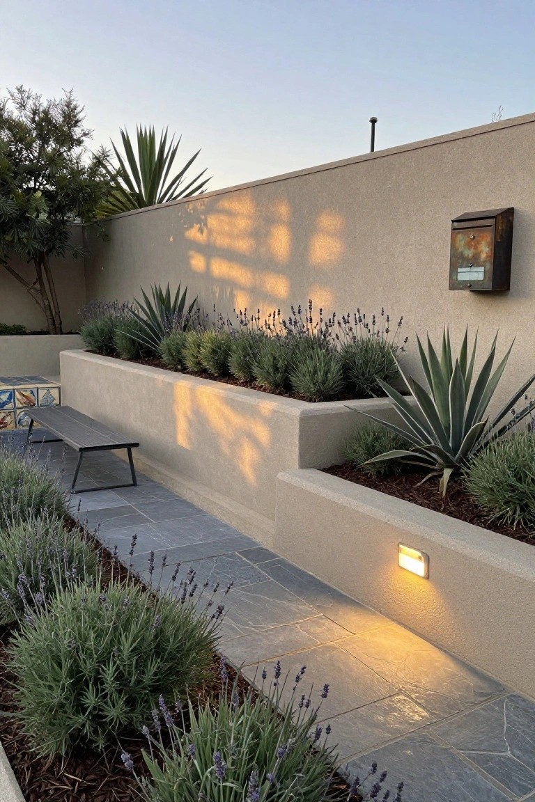Beige stucco wall with integrated raised planters filled with agave and lavender plants, alongside a dark slate path, black metal bench with blue tiled accents, and a wall light.