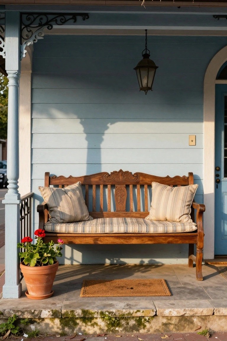 Blue clapboard porch with carved wooden bench, beige striped cushions, hanging lantern, terracotta pot of red geraniums, doormat, and arched door.