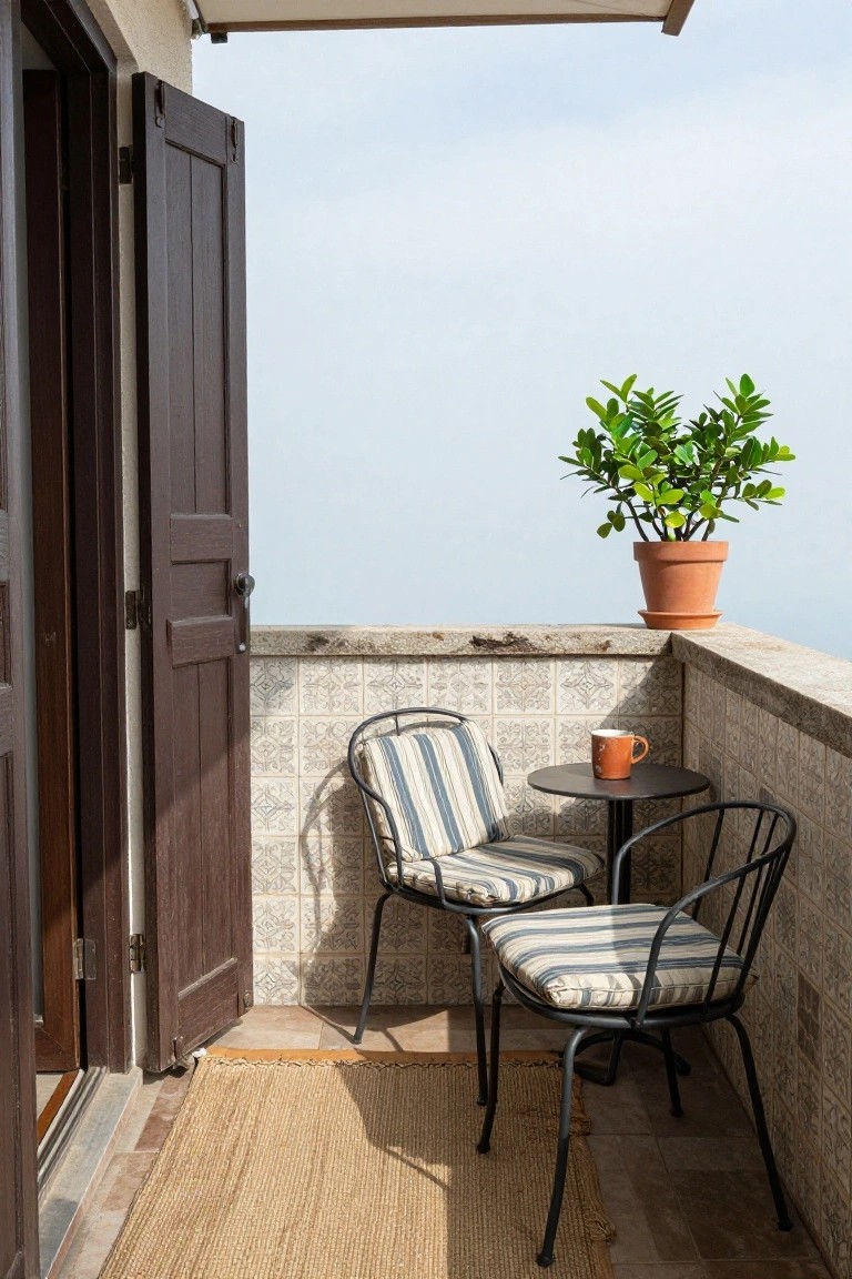 Small outdoor balcony with open brown wooden shutters, two black metal chairs with beige and white striped cushions around a small round black table holding an orange mug, a potted green plant in terracotta pot, patterned beige tile walls, beige rug on tiled floor, and open sky view.