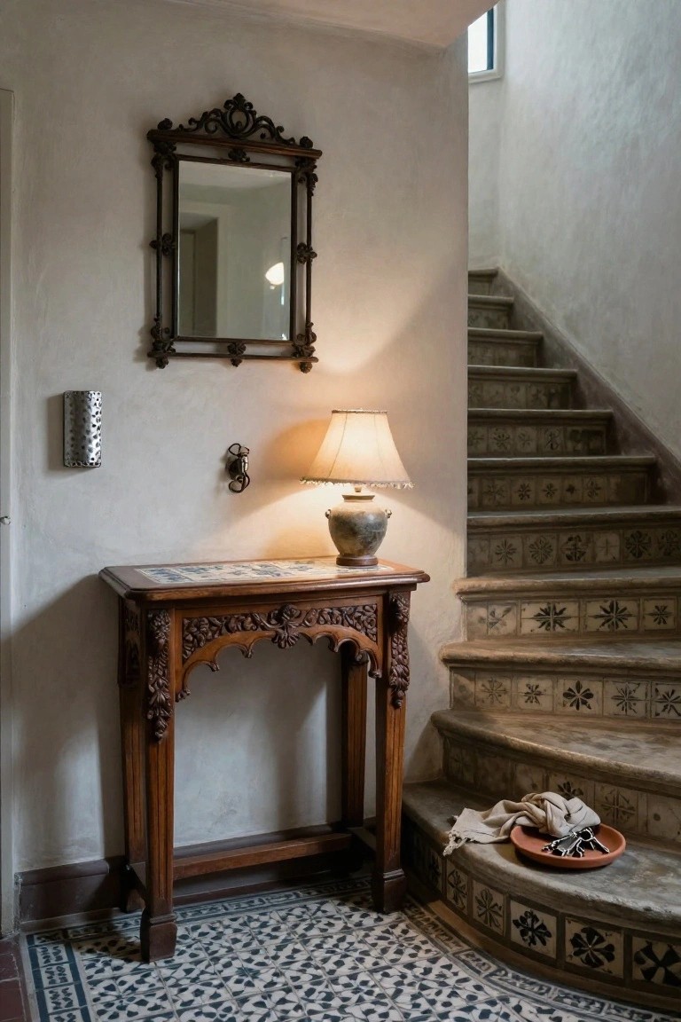 Ornate wooden console table with lamp beneath mirror beside staircase.