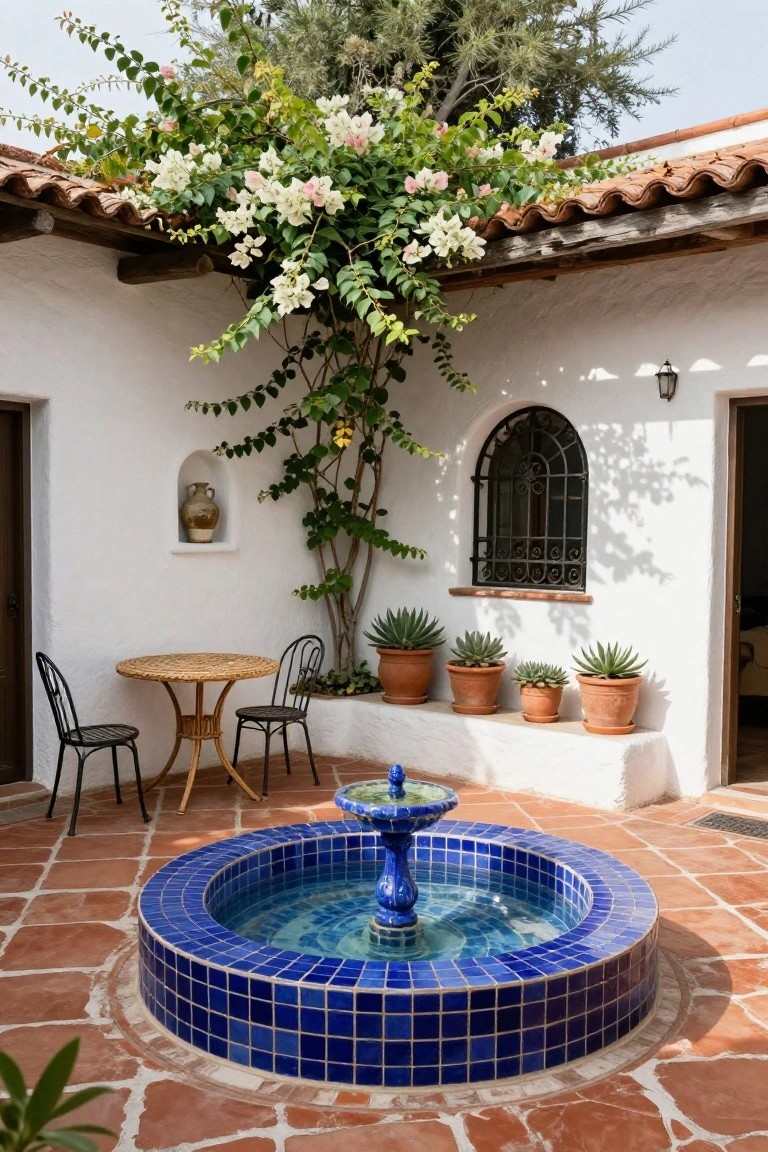White stucco courtyard with central round blue-tiled fountain, small round wicker table and two black metal chairs on terracotta tile floor, potted succulents, climbing white bougainvillea, arched black iron window, and wooden door.