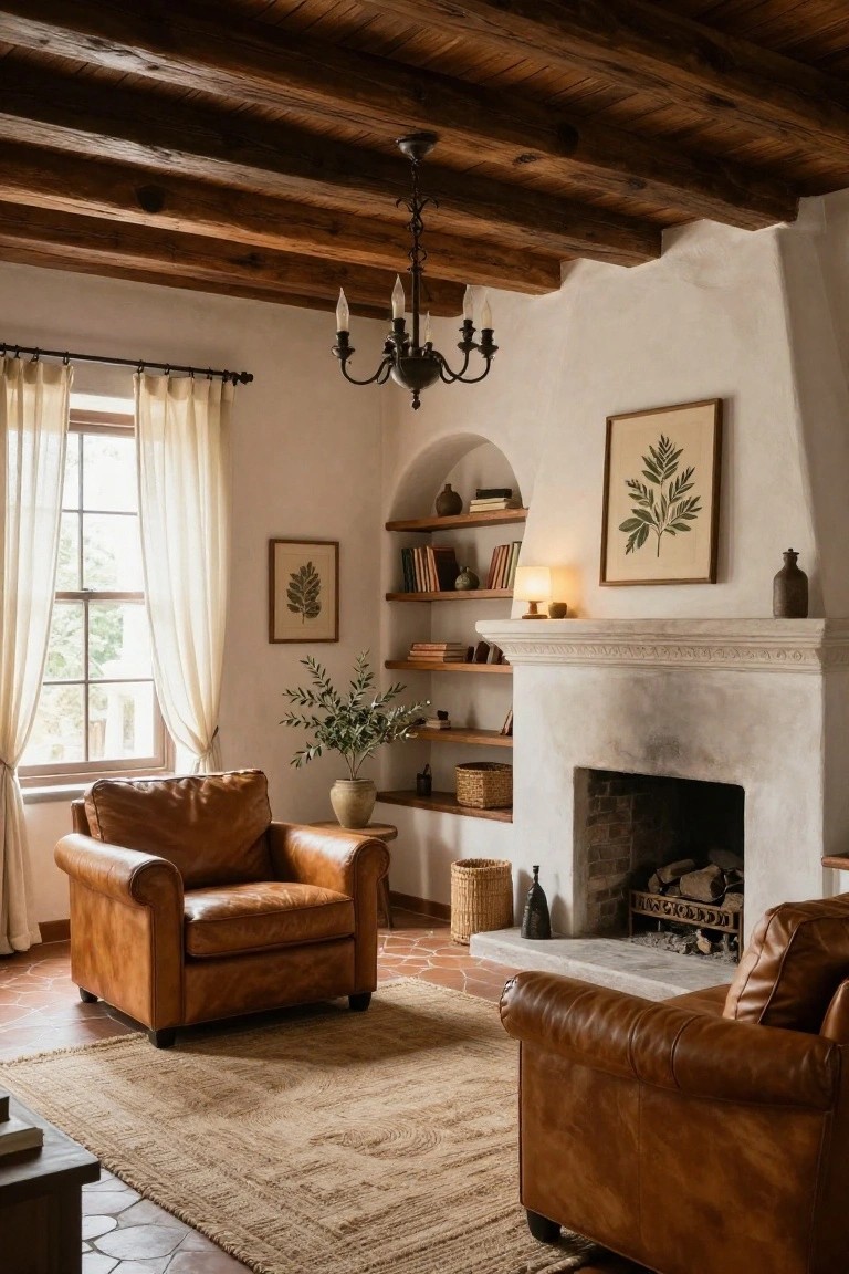 A living room interior featuring exposed dark wooden beams on the ceiling, two tan leather armchairs on terracotta tile floor facing a white stucco fireplace with built-in wooden shelves, sheer curtains on windows, and potted plants.