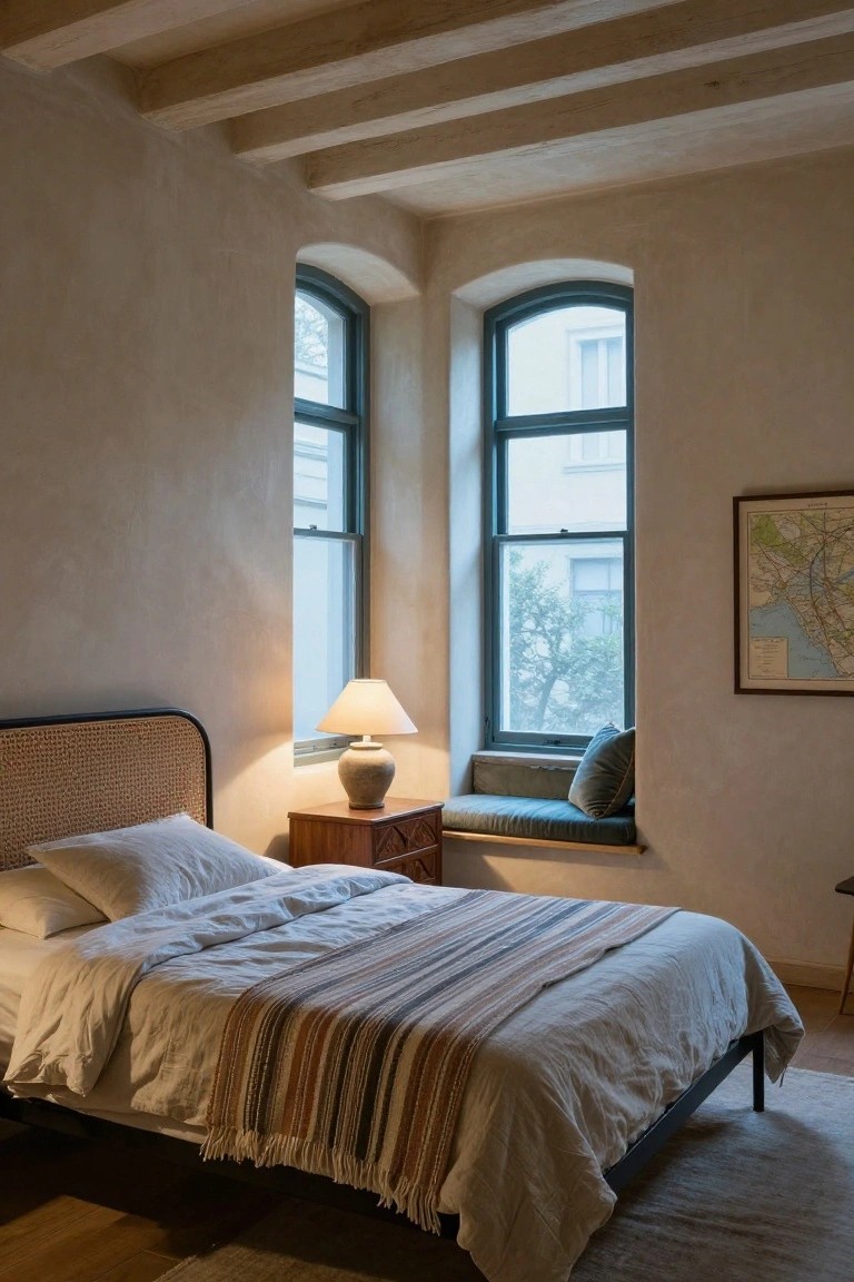 Bedroom interior with exposed wooden beam ceiling, rattan headboard bed with white linens and striped throw, wooden nightstand holding ceramic lamp, arched green-framed windows with window seat and cushions, and map on wall.