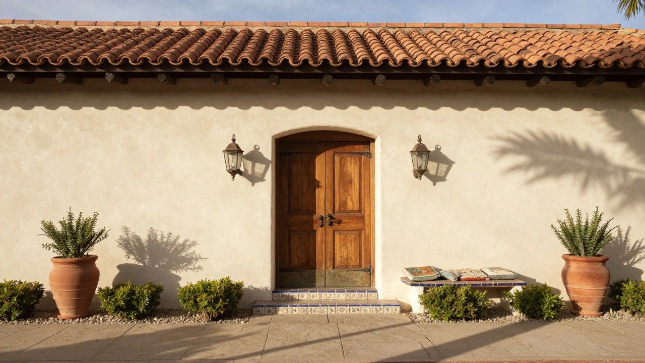 Beige stucco house exterior with open arched wooden door, wrought iron lanterns on walls, potted topiary plants, wooden bench, blue tiled entry steps, gravel ground, and terracotta tile roof under blue sky.