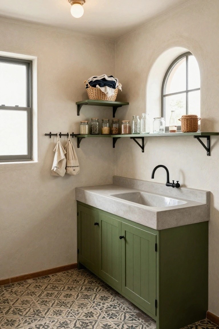 Corner of an indoor laundry room with green wooden base cabinets under a large rectangular concrete sink, black faucet, wooden wall shelves holding jars and baskets, hanging towels, arched window, and patterned tile floor.
