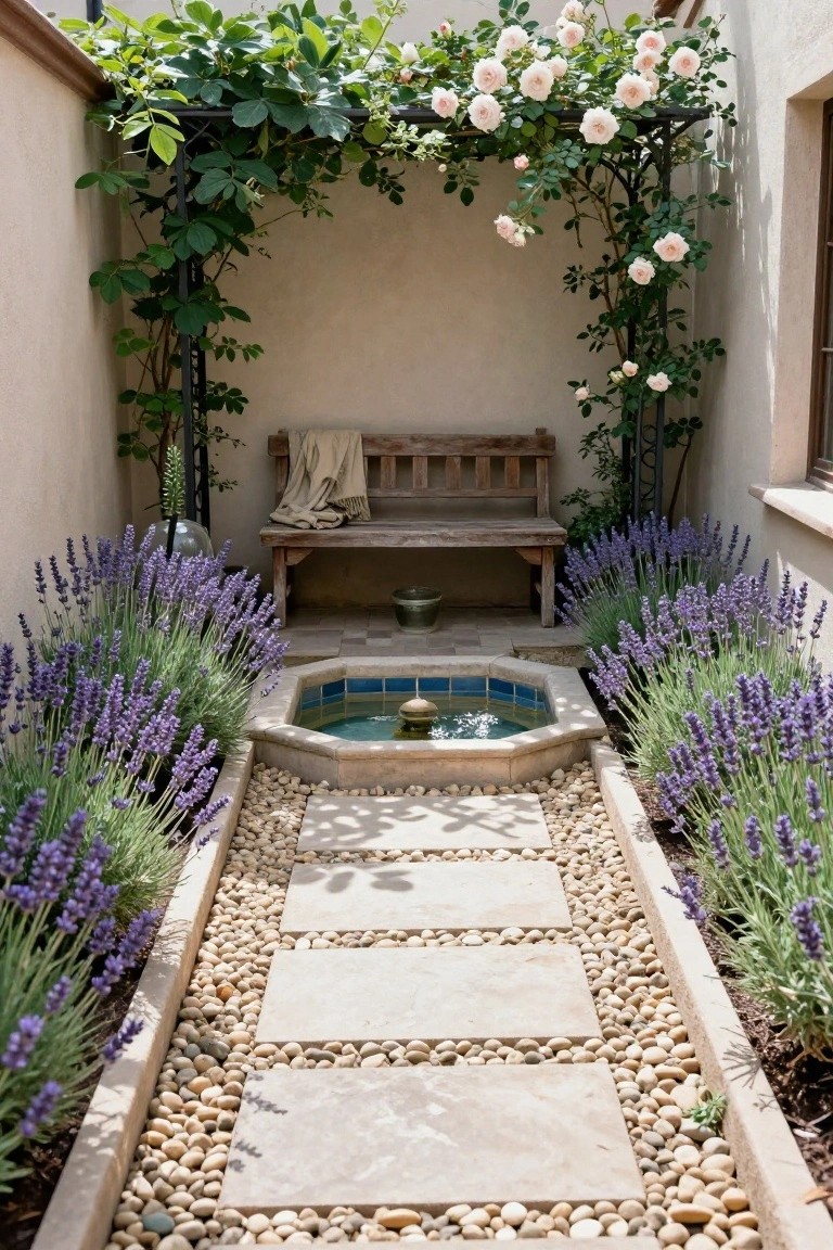 Narrow gravel and stone pathway bordered by tall lavender plants on both sides in a walled courtyard, leading to an octagonal tiled fountain and wooden bench under an iron arch with climbing roses and vines.
