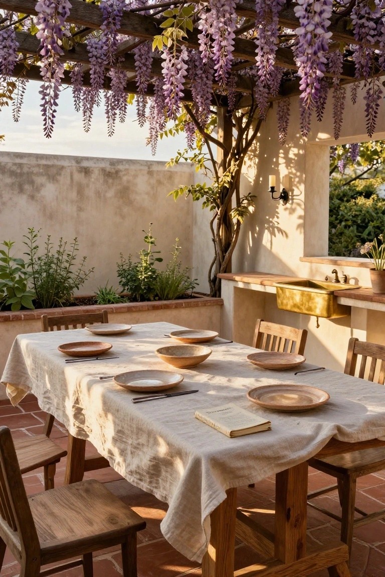 Sunlit outdoor terrace featuring a wooden dining table set with ceramic plates and bowls on a linen cloth under a pergola covered in purple wisteria vines, next to a stucco wall with plants and a brass sink.