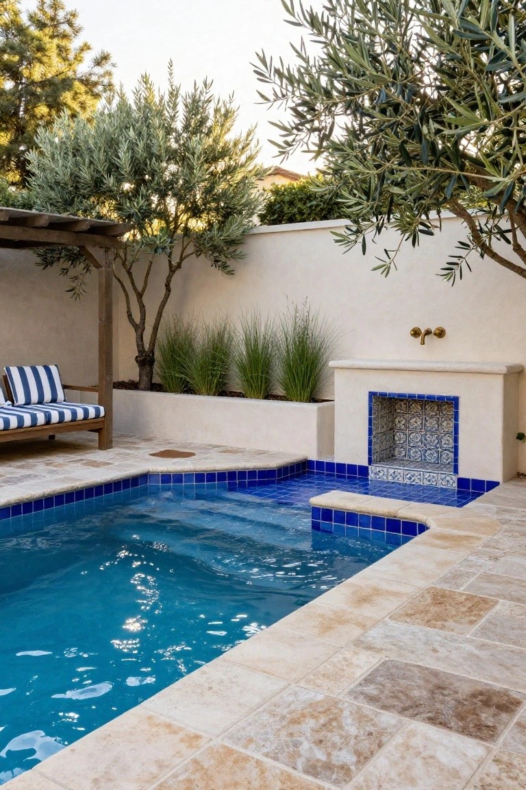 Small rectangular blue-tiled plunge pool with steps, next to a stucco outdoor fireplace featuring blue tile accents, surrounded by beige tiled pavers, potted grasses, olive trees, and a wooden bench with blue cushions.