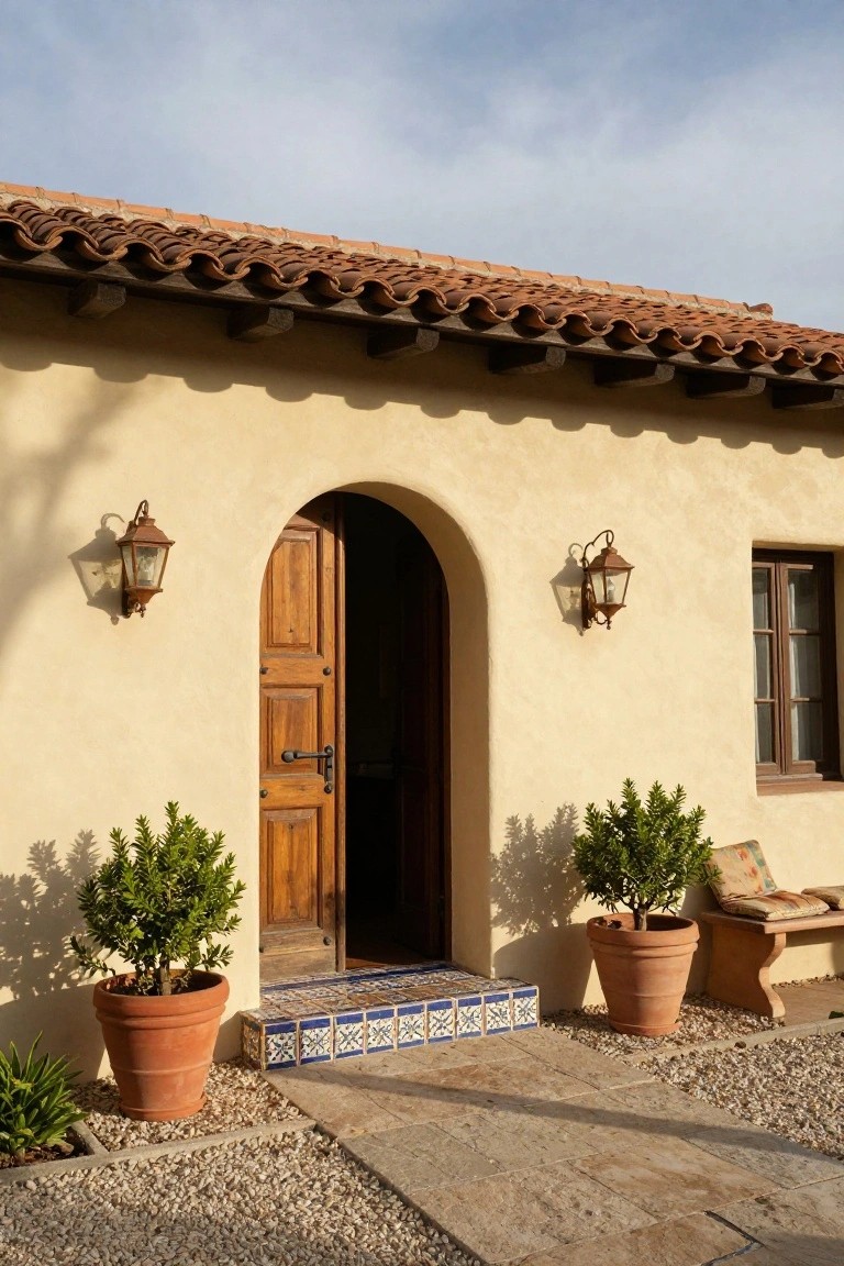 Beige stucco house exterior with open arched wooden door, wrought iron lanterns on walls, potted topiary plants, wooden bench, blue tiled entry steps, gravel ground, and terracotta tile roof under blue sky.