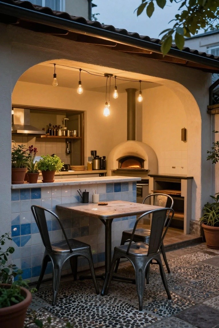 Outdoor kitchen alcove with domed wood-fired pizza oven, blue tiled bar counter, wooden table, three metal chairs, hanging bulb lights, potted plants, and pebble flooring.
