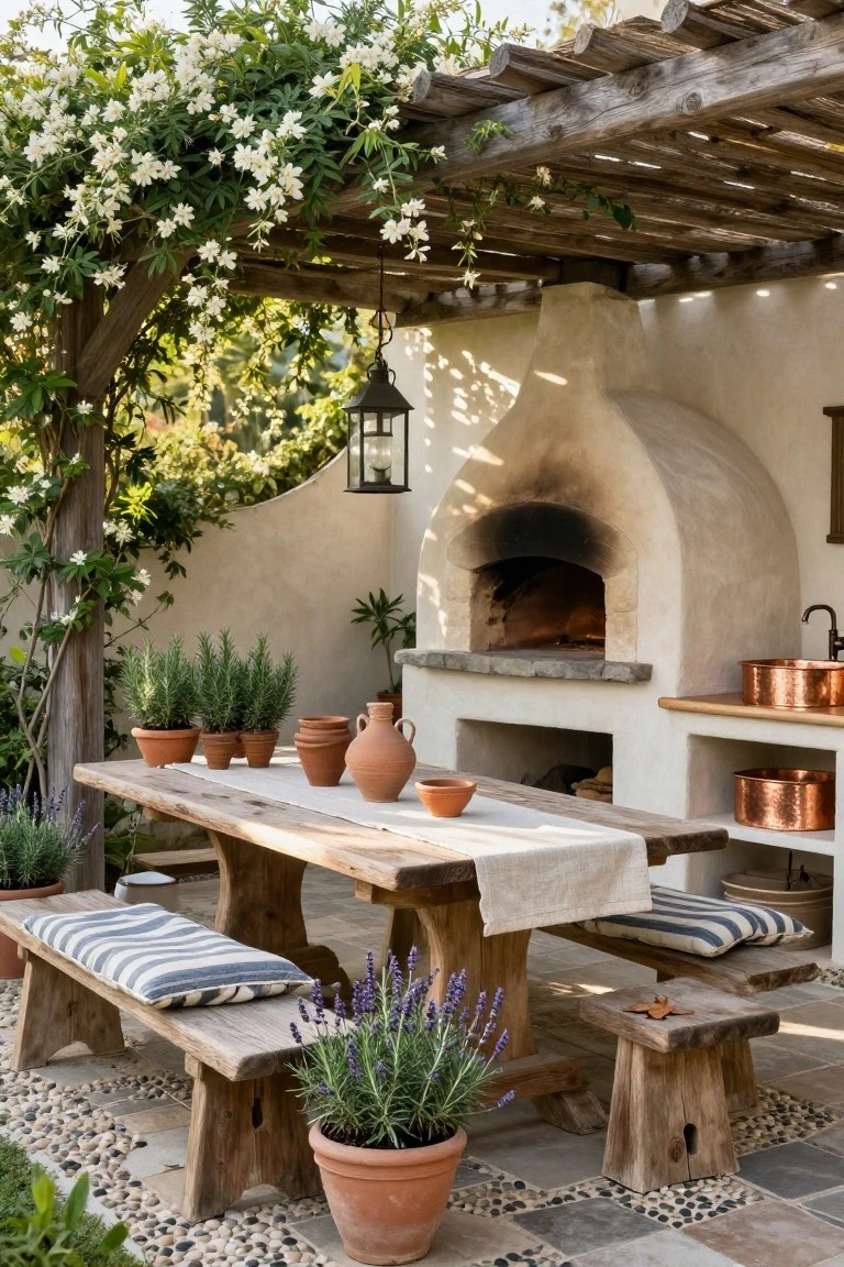 Outdoor patio kitchen with curved stucco wood-fired oven, wooden dining table and benches, terracotta pots of herbs, copper sinks, and white jasmine vines on a pergola against a beige wall.