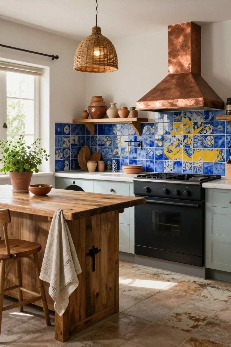Kitchen with rattan pendant light over wooden island, blue and yellow patterned ceramic tile backsplash behind black range and copper hood, pale green cabinets, and terracotta pots.