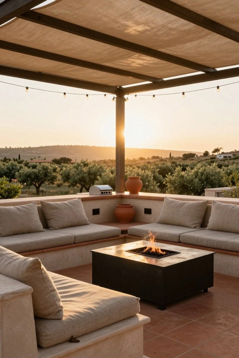 Terrace with L-shaped beige fabric sofas around a central square black fire pit table, under a beige fabric-covered pergola structure, overlooking olive groves and hills at sunset.