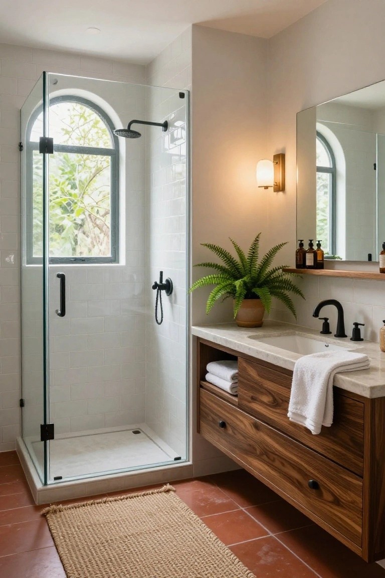 Modern bathroom with glass shower enclosure featuring arched window overlooking greenery, white subway tile walls and shower pan, wooden wall-mounted vanity with white sink and towels, black fixtures, potted ferns, wall shelf with bottles, and terracotta tile floor with seagrass rug.