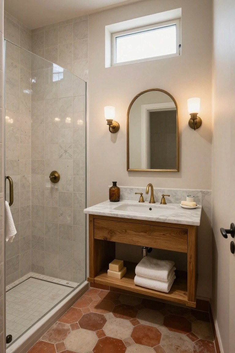 A small bathroom with a glass-enclosed shower featuring gray subway tiles, a wooden vanity with white marble top and brass faucet, gold arched mirror, white towels, and terracotta hexagonal floor tiles.