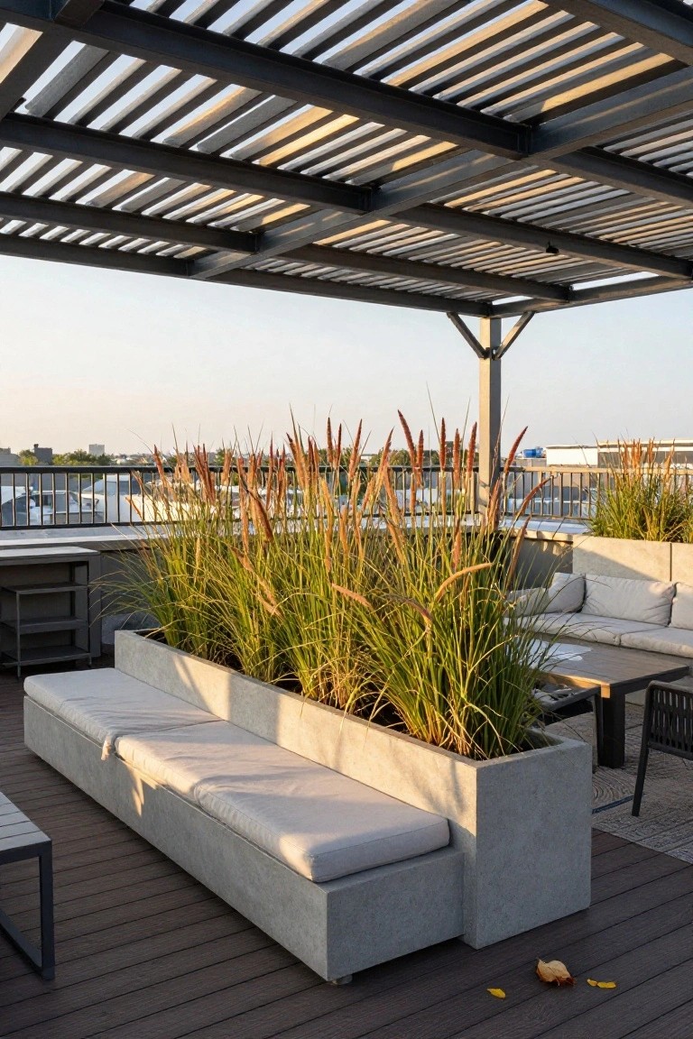 Rooftop terrace under a black slatted metal pergola with tall ornamental grasses in a long concrete planter integrated into a bench, plus lounge seating, a bar counter, and metal railings overlooking city buildings at dusk.