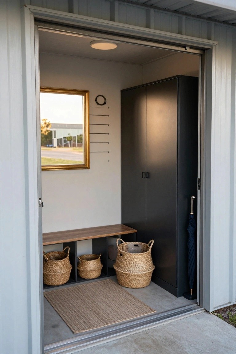 Open sliding door revealing a small interior entryway with a wooden bench under wall hooks, seagrass baskets stored beneath the bench and nearby, a tall black wardrobe, gold-framed mirror on white wall, black umbrella, and seagrass rug on concrete floor.