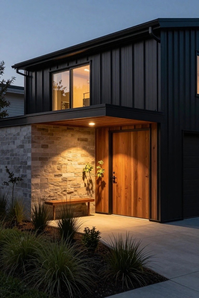 Evening photo of a two-story house exterior with black vertical metal siding, a light stone base wall holding a wooden bench and plant, a tall wooden front door under a cantilevered wooden roof overhang, grasses in the yard, and warm entry lighting on a concrete driveway.