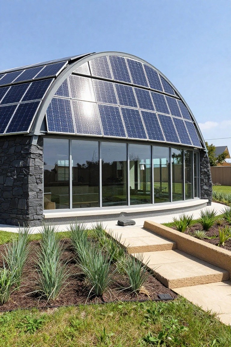 Exterior of a curved house with an arched roof fully covered in solar panels, dark stone side walls, large curved glass windows, concrete steps with landscaping around the base.