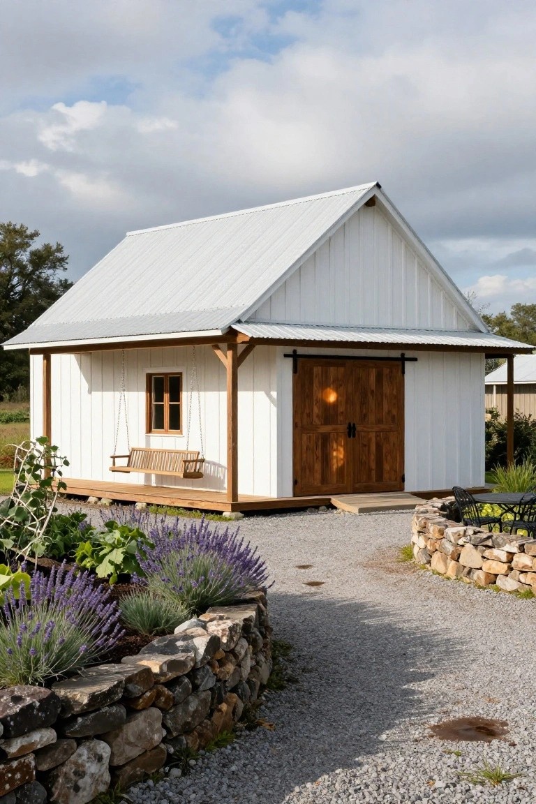 Small white gable-roofed shed with board-and-batten siding, covered front porch with wooden swing bench, sliding wooden barn-style door, gravel path, and stone wall garden bed planted with lavender and other greenery.