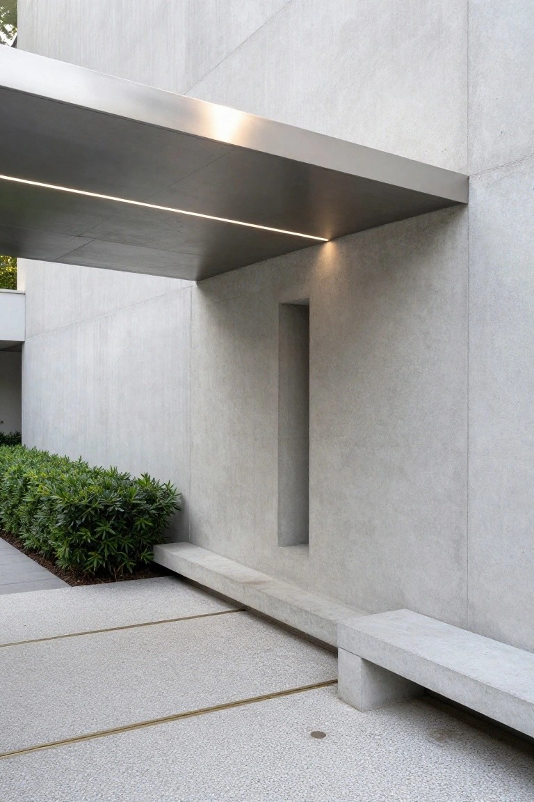 Concrete house exterior featuring a cantilevered stainless steel canopy with linear lighting over a narrow recessed entrance door, boxwood shrubs, concrete bench, and pebble pavement pathway.