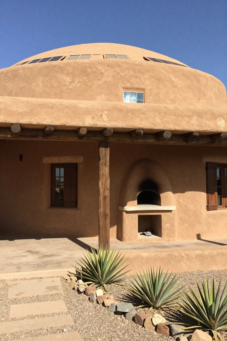 Tan adobe circular house with domed roof featuring solar panels, wooden porch beams supporting the overhang, arched outdoor oven, shuttered windows, and agave plants with gravel ground cover in front.