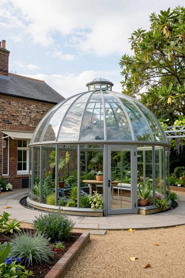 Circular glass conservatory attached to a brick house exterior, containing plants, seating, and a table, surrounded by gravel path and garden beds with various plants.
