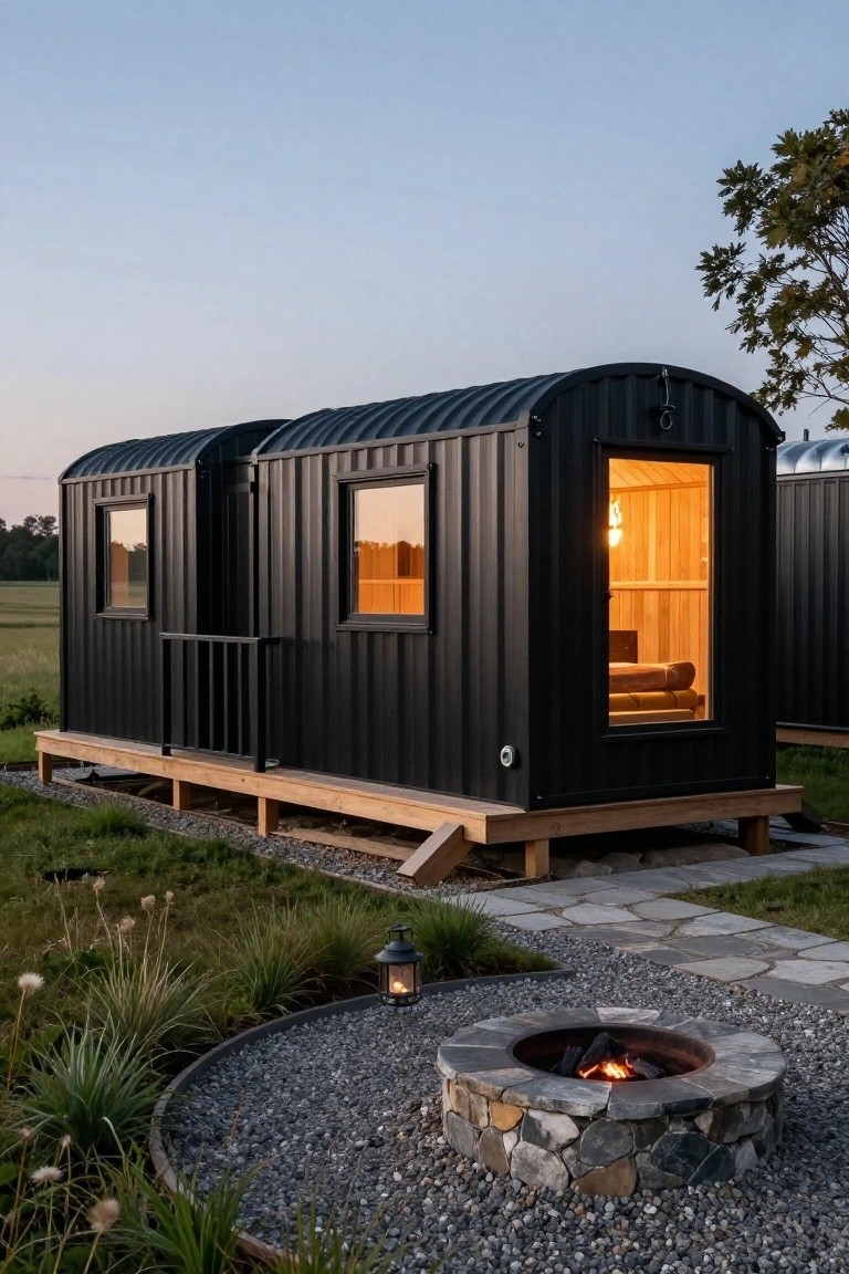 Black corrugated metal cabin with curved roof elevated on wooden deck, large windows showing wooden interior and bed, stone fire pit with flames nearby, grass plants and path in evening light.