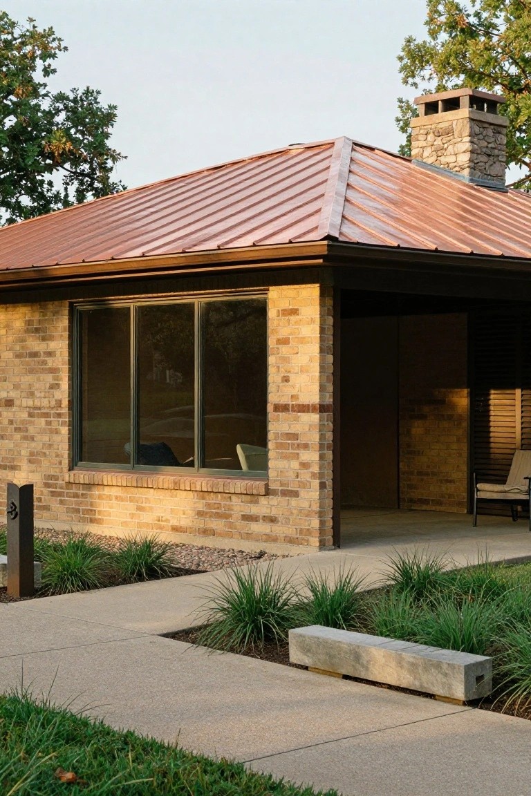 Brick house corner with copper standing-seam roof, stone chimney, large dark-framed window, covered porch with chairs, concrete pathway, stone bench, and ornamental grasses beside lawn.