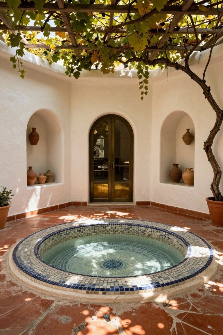 White stucco walls with arched niches containing terracotta pots enclose a circular blue-and-white mosaic-tiled pool on a terracotta-tiled patio under a wooden pergola draped with grapevines, featuring a large arched wooden door ahead.
