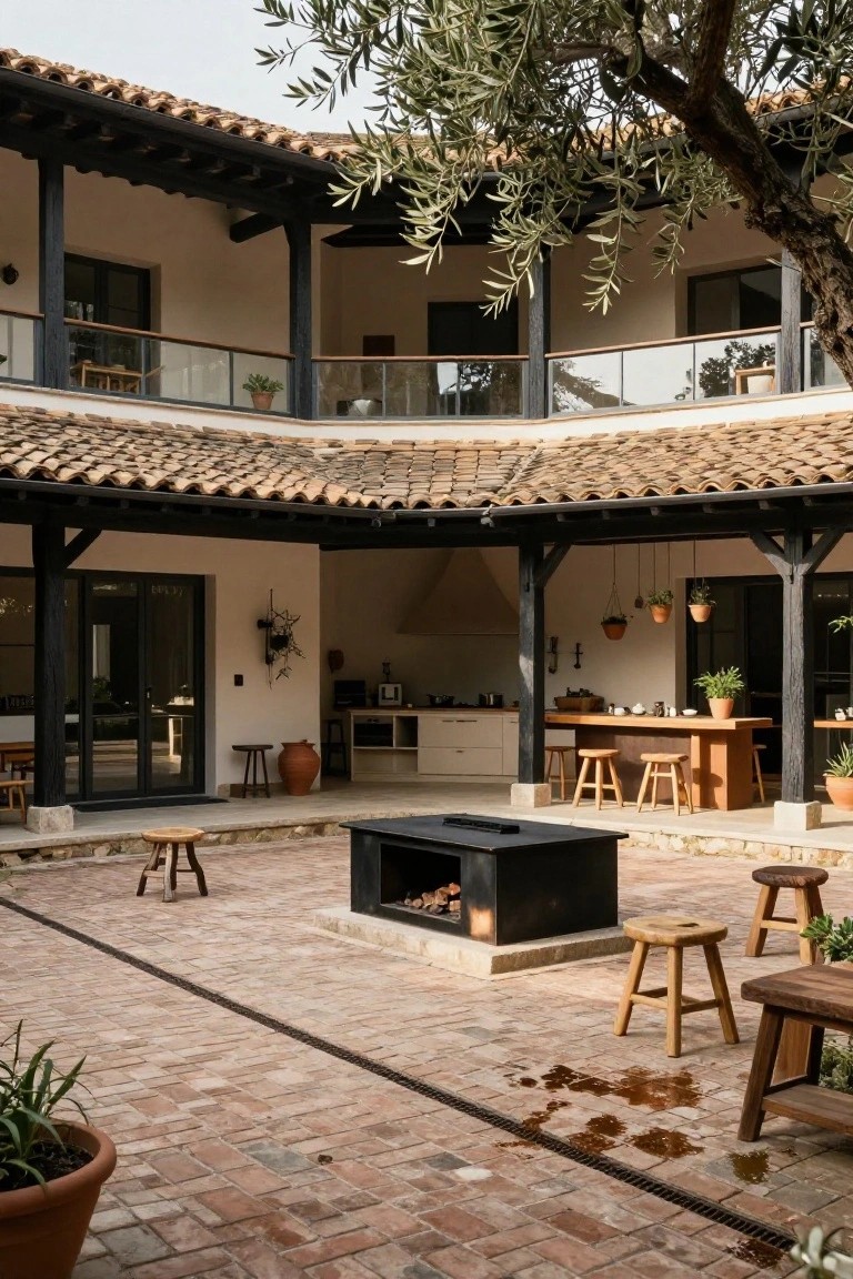 Brick-paved courtyard with central rectangular black fire pit containing flames, surrounded by wooden stools and benches, outdoor kitchen with counters and stools under covered veranda supported by black wooden beams, potted plants, and large olive tree overhead.