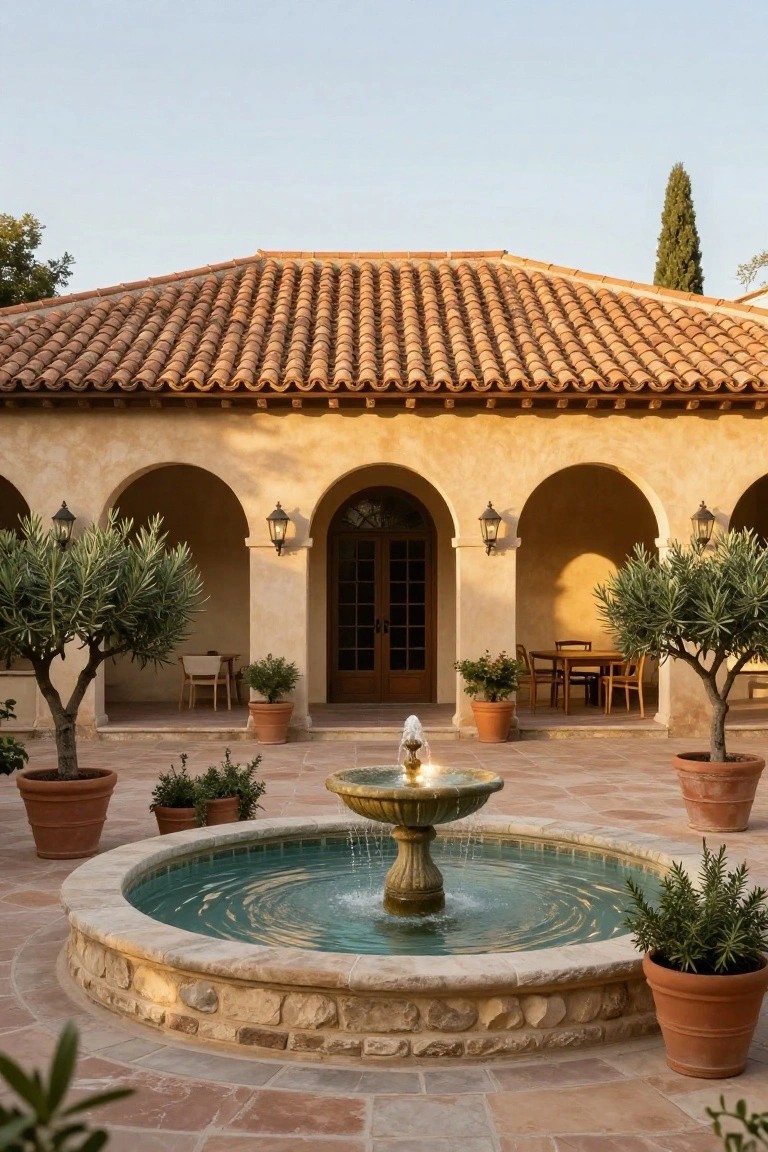 Terracotta-tiled courtyard with central circular stone fountain spouting water, flanked by potted olive trees, outdoor chairs and table under beige stucco arches of a house with red tile roof.