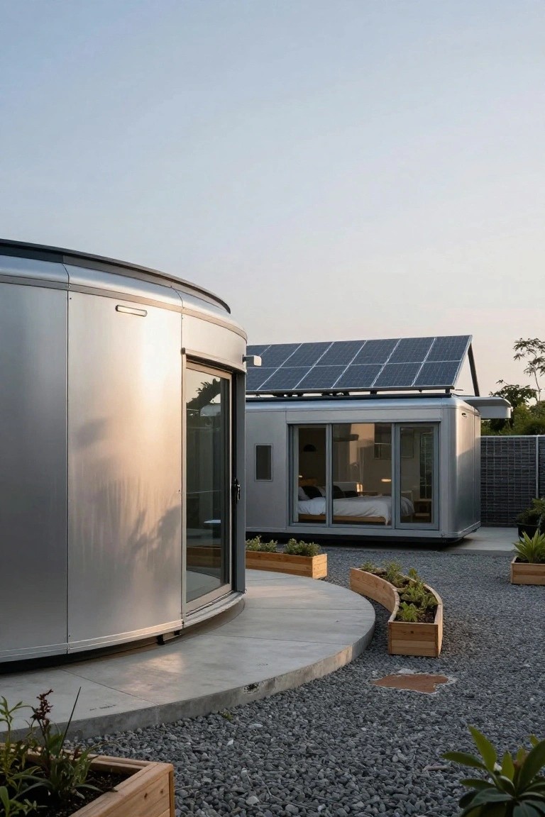 Shiny silver cylindrical pod house with curved glass entry door next to a rectangular silver pod house on solar panels, set on gravel with wooden planter boxes and plants.