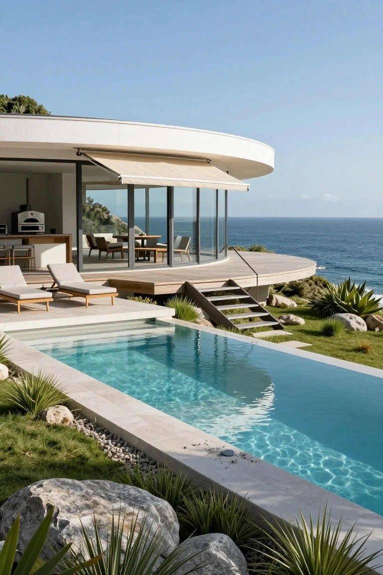 White curved modern house with large curved glass walls, wooden cantilevered deck with loungers, stairs leading to infinity edge pool, rocks and agave plants, overlooking ocean on a cliffside.