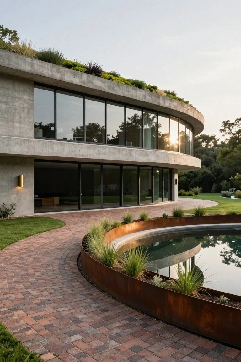Curved modern concrete house with green roof, large curved glass windows, and adjacent curved reflecting pool edged in metal with grasses, on a brick path in a landscaped yard at sunset.