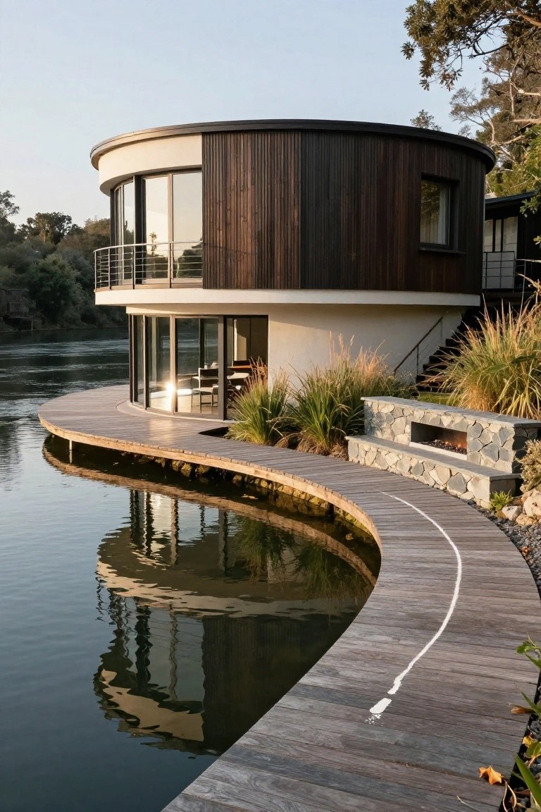 A modern circular house with dark vertical wood cladding and large curved glass windows overlooks a curving wooden deck extending over a calm river, with a stone fire pit nearby and grasses along the edge.