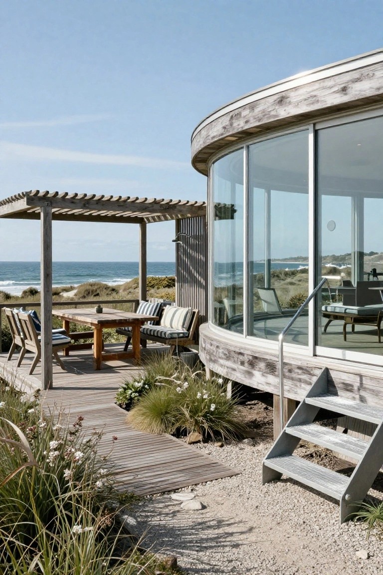 Curved wooden house with large wraparound glass walls overlooking the ocean, outdoor wooden dining table under a pergola on a deck, dune plants and boardwalk path nearby.