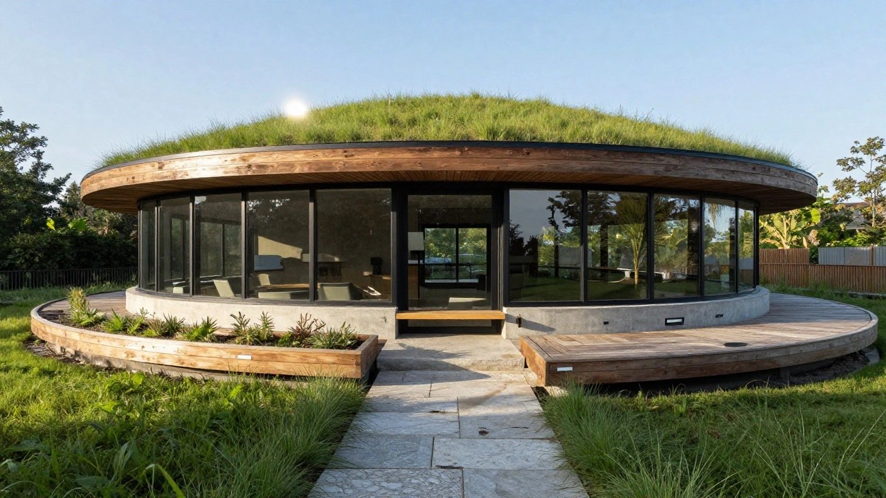 Circular exposed concrete house with green sedum roof, wooden upper rim and deck, large curved glass entrance doors, stone pathway, ornamental grasses, and trees in the background.