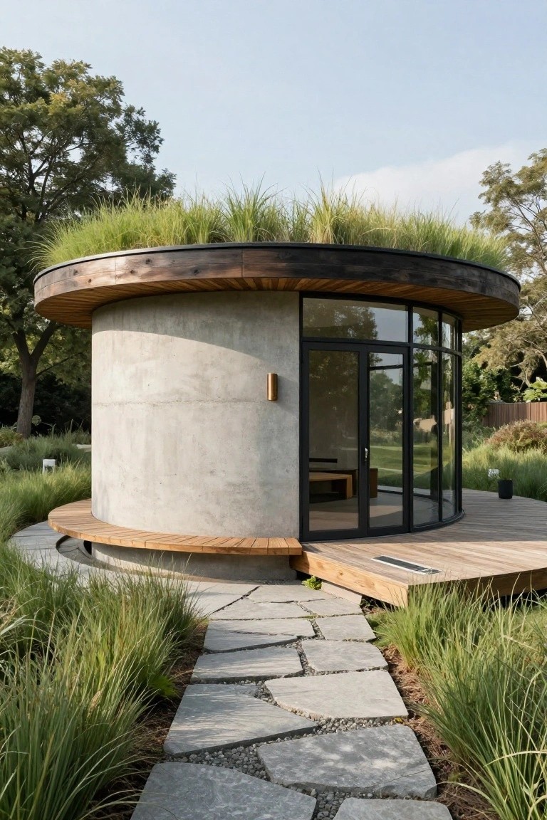 Circular exposed concrete house with green sedum roof, wooden upper rim and deck, large curved glass entrance doors, stone pathway, ornamental grasses, and trees in the background.