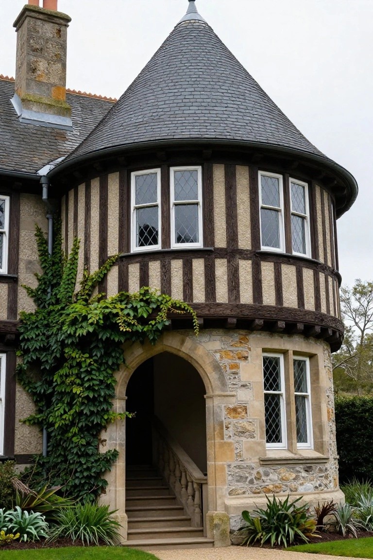 House exterior showing a circular half-timbered turret with dark wood beams on light stucco, ivy climbing the walls, arched stone entry with stairs, and plants in the foreground.