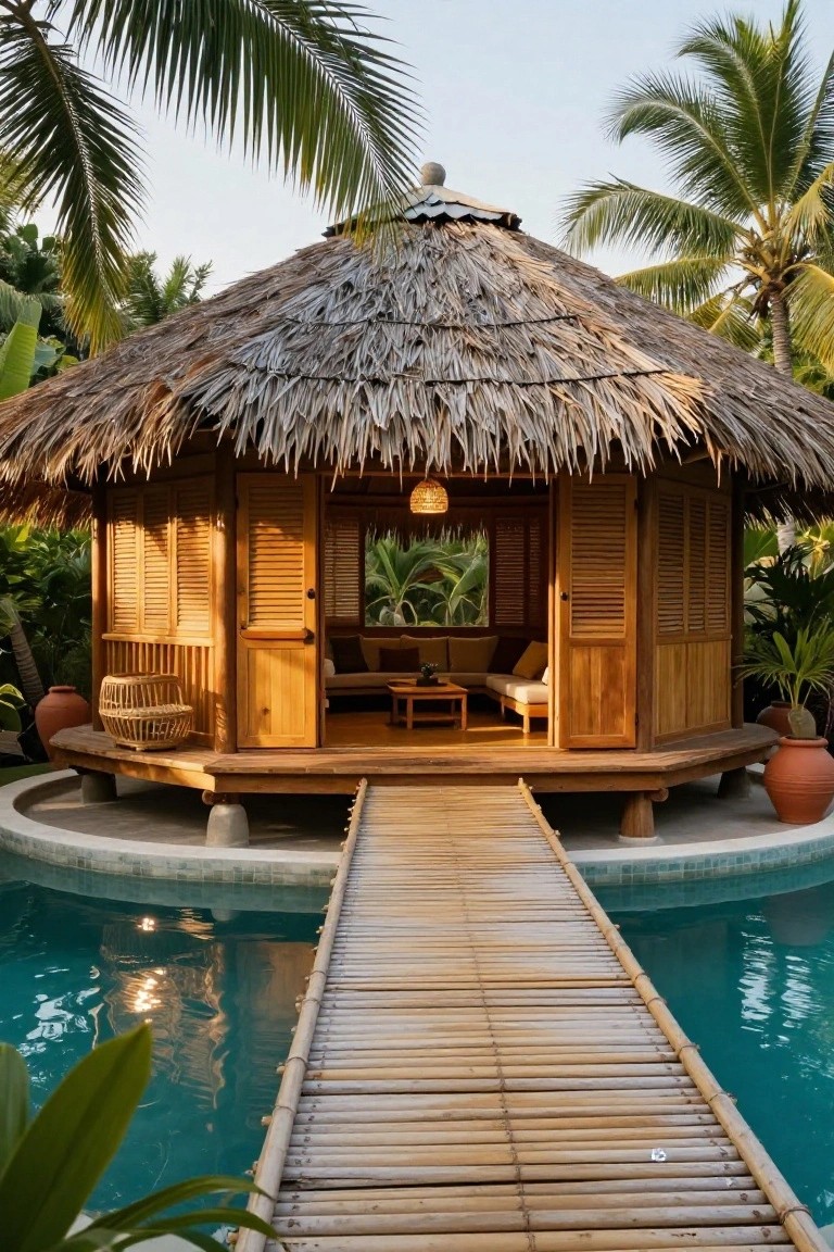 Bamboo bridge leads to thatched hut over turquoise pool.