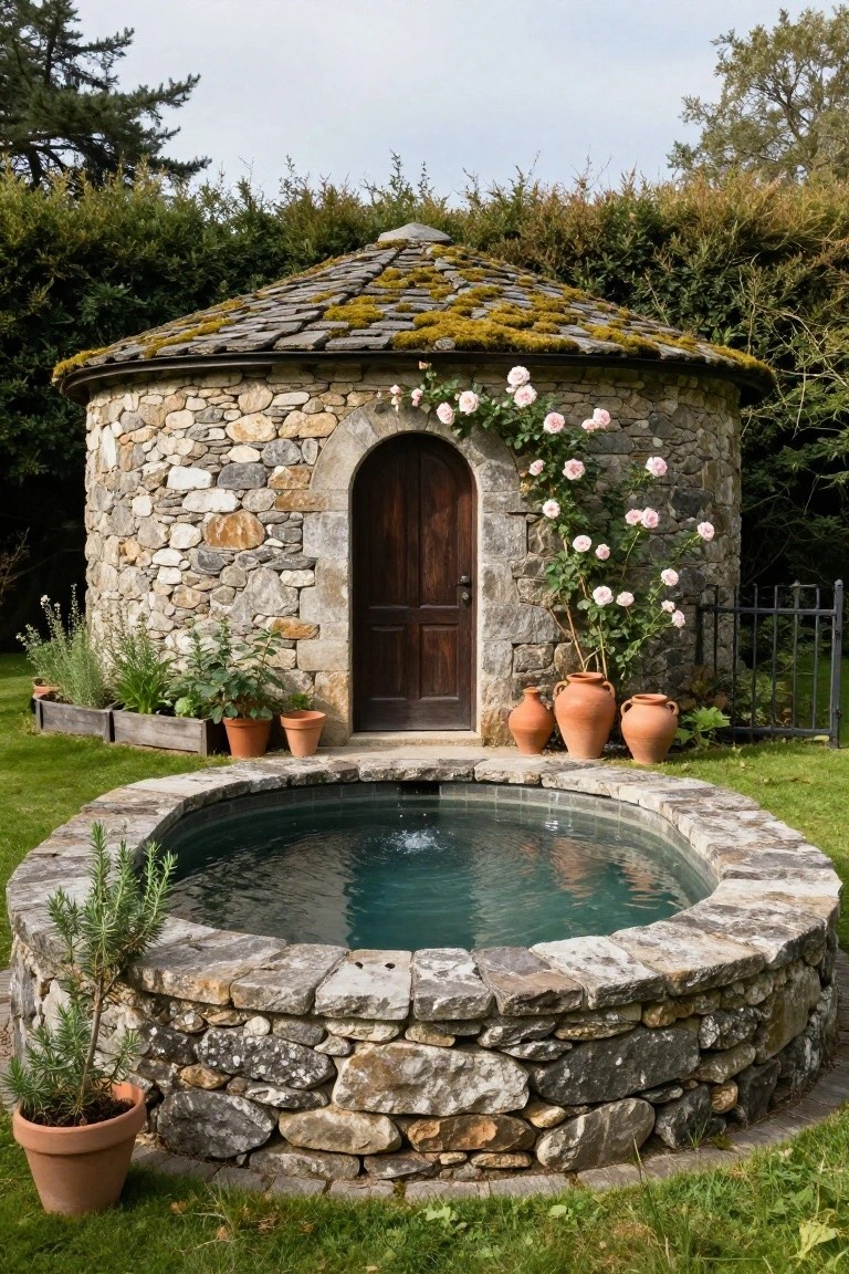 Small circular stone building with moss-covered slate roof, arched wooden door draped in pink climbing roses, terra cotta pots nearby, and adjacent circular stone-lined pool with water in a grassy garden enclosed by hedges.