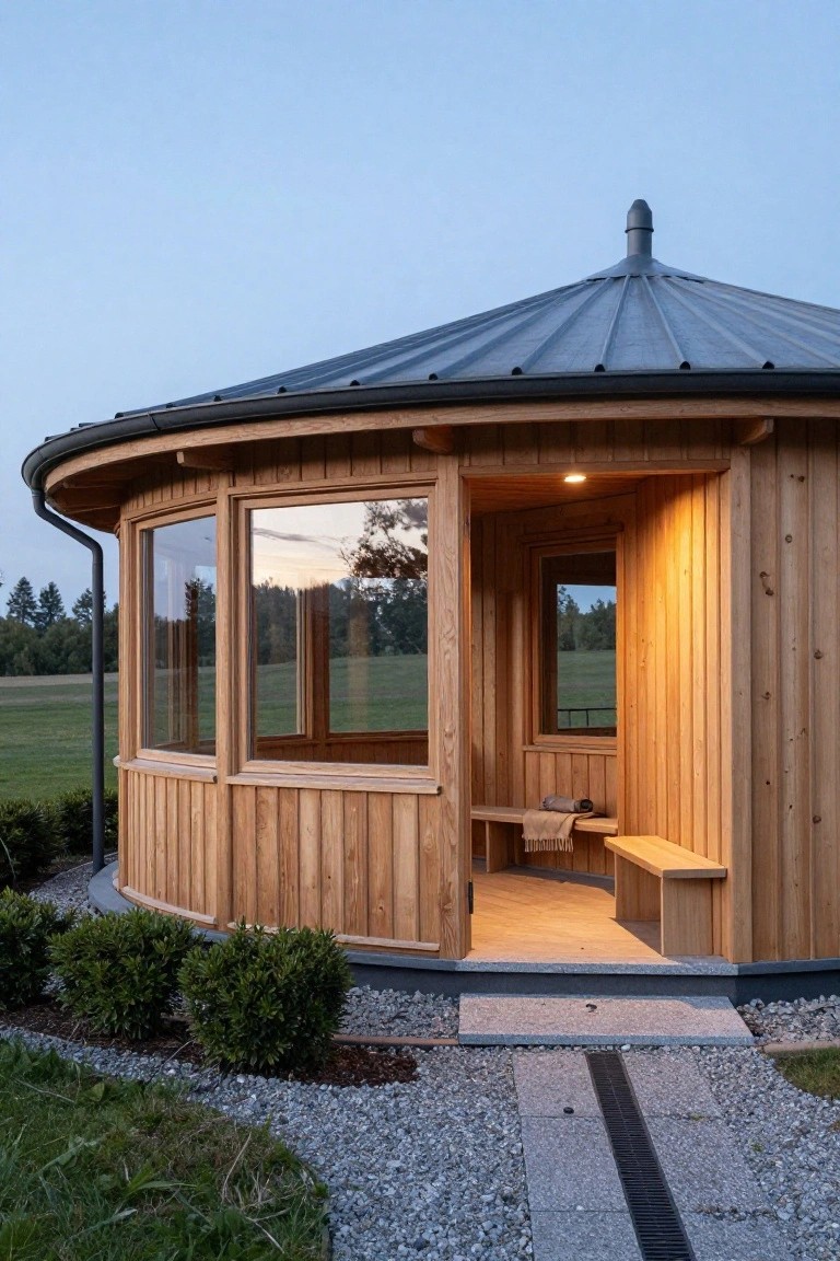 Circular wooden pavilion with dark corrugated metal conical roof, large curved windows, open doorway revealing interior wooden benches and warm lighting, set amid grass, shrubs, and a gravel pathway.