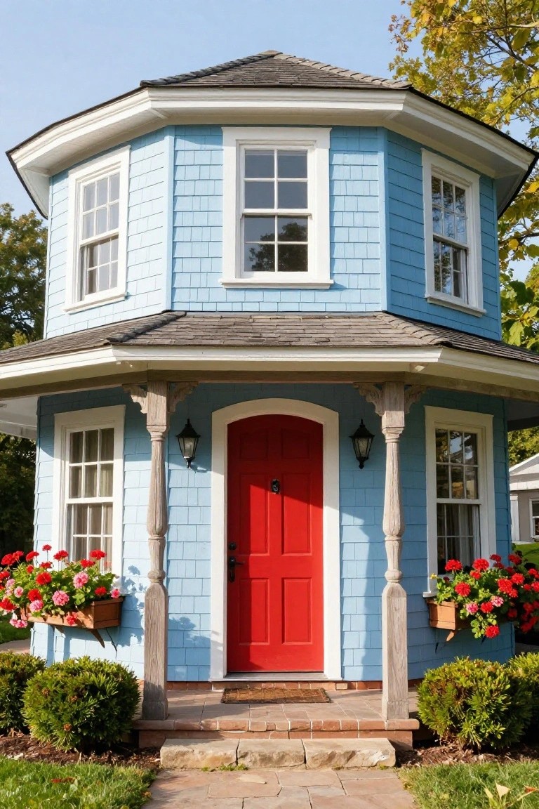 Blue octagonal shingled house with white trim, red arched front door, wraparound porch supported by turned wooden posts, lanterns, flower boxes with red geraniums, and boxwood shrubs in the front yard.