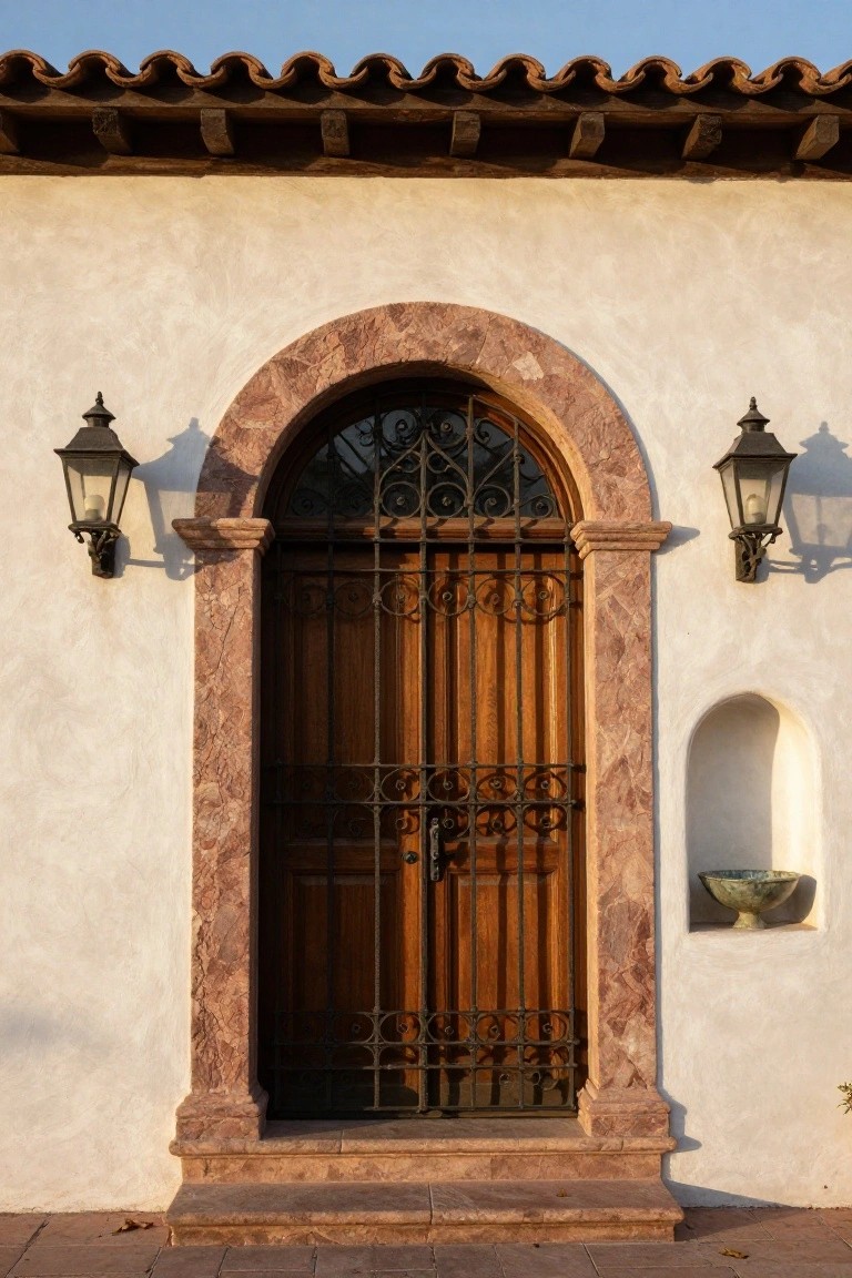 Hacienda-style arched entryway in rose stone framing a wooden door with black wrought iron gate, flanked by two metal lanterns on a beige stucco wall with a niche holding a green bowl and terracotta roof tiles above.