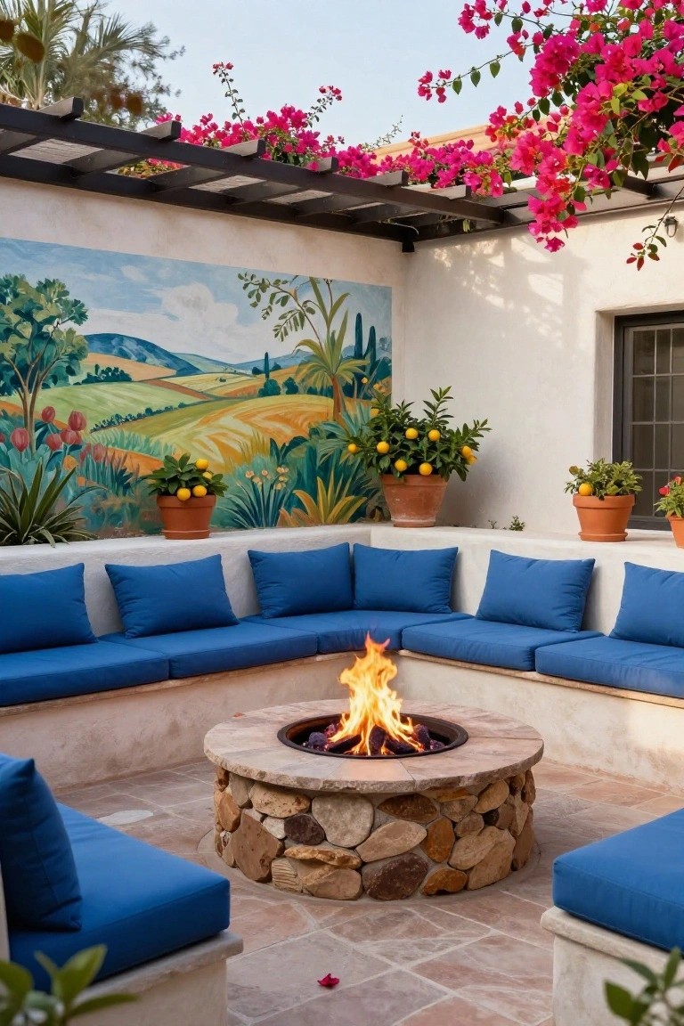 Outdoor hacienda patio with a central round stone fire pit surrounded by built-in blue cushioned benches against a white stucco wall featuring a colorful landscape mural, potted plants, and bougainvillea overhead.