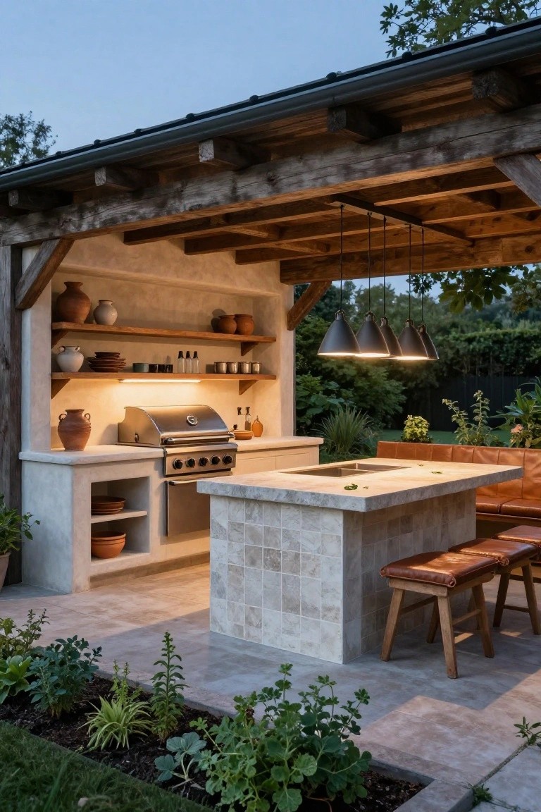 Outdoor kitchen under wooden pergola with built-in stainless steel grill on tiled stone island, pendant cone lights, terracotta pots on shelves, leather stools, and garden plants around paved patio at dusk.