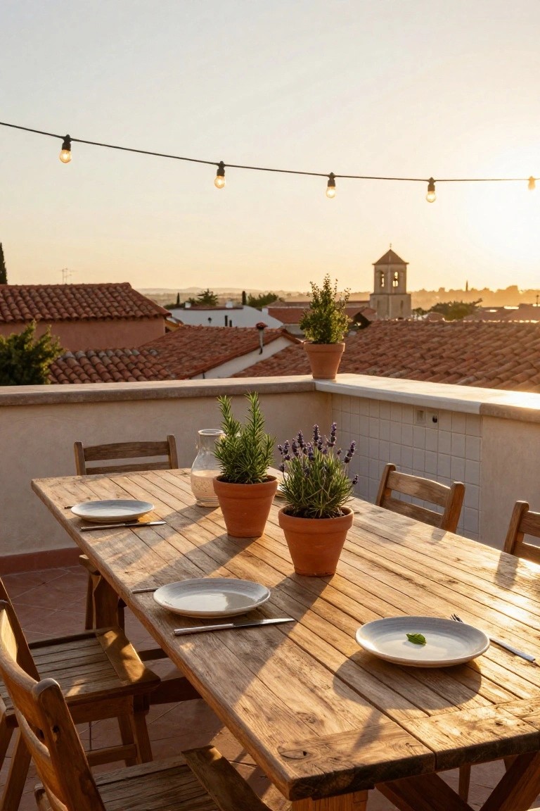 Rooftop terrace with a wooden dining table set for two, potted rosemary and lavender plants on the table, wooden chairs, string lights overhead, and terracotta rooftops in the background at sunset.